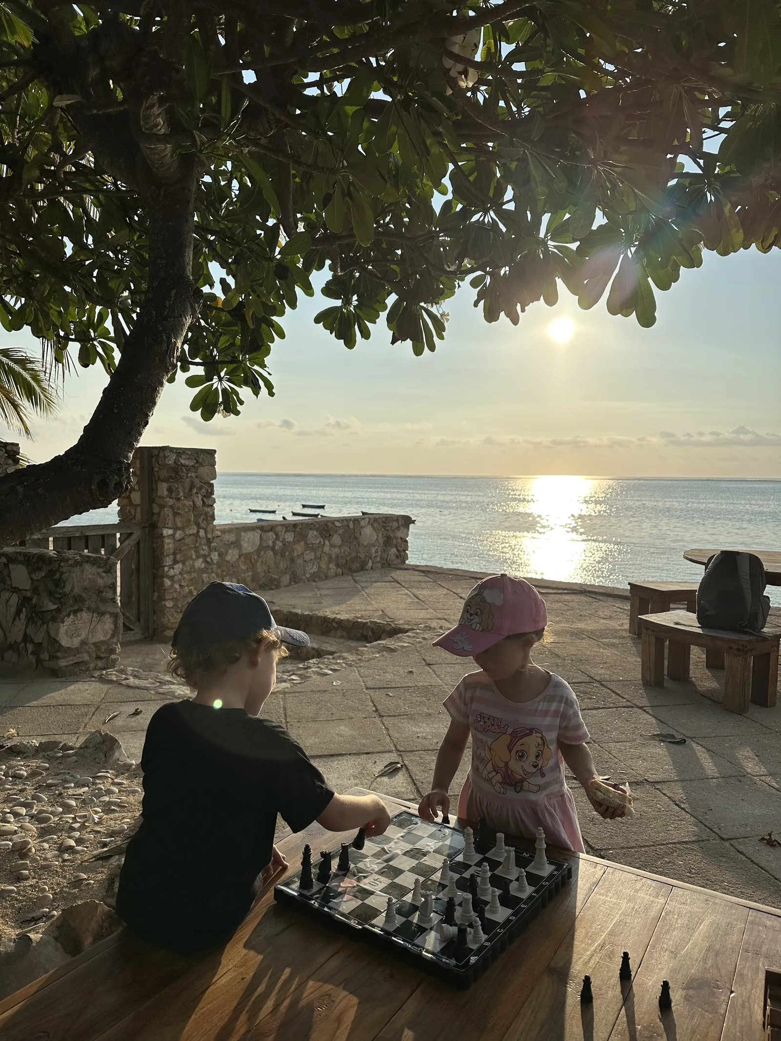 The children playing chess by the ocean at sunset